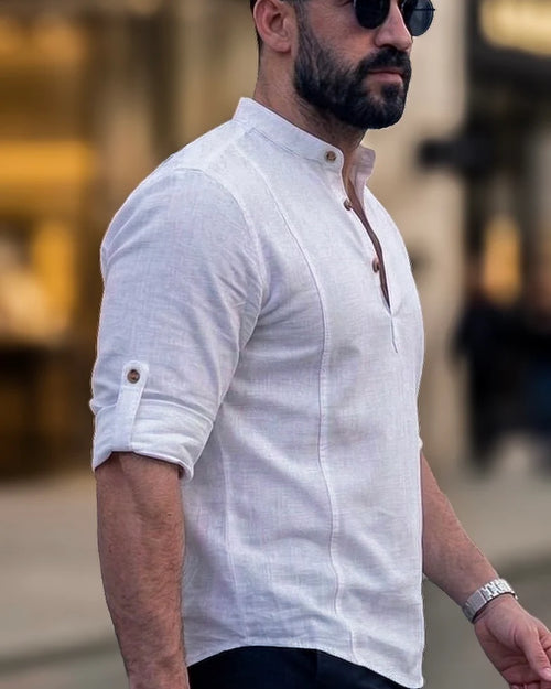 Biała koszula lniana męska ze stójką – lekka i przewiewna na lato