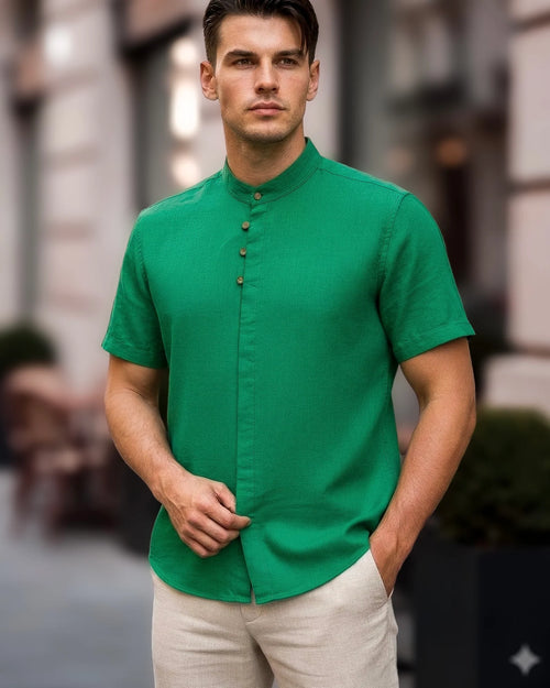 Lniana koszula męska Lekka na lato z krótkim rękawem zielona